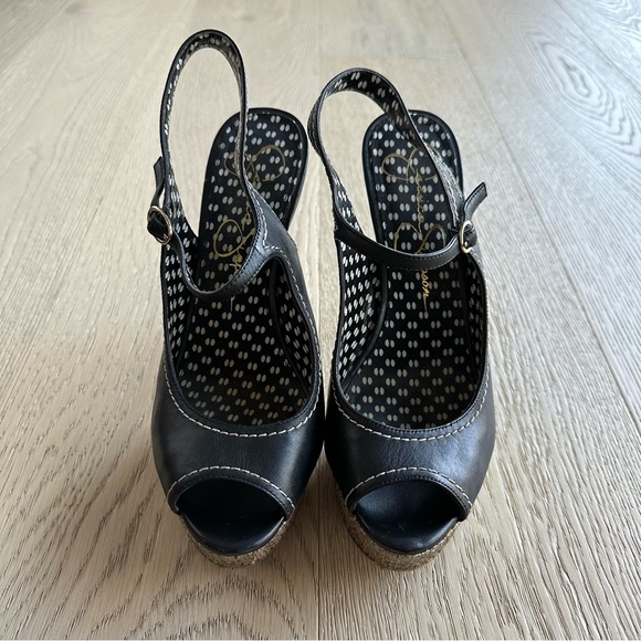 Jessica Simpson Raffia Straw Platform Sandals w/Black Leather Peep Toe - Picture 2 of 15